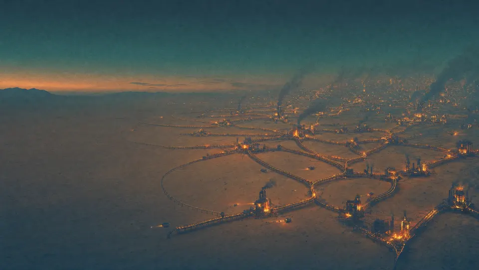 An illustration of a factory at dusk: glowing machines joined by long belts across a flat desert, with smoke rising toward the horizon