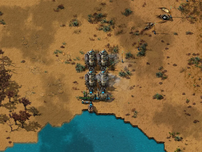 Factorio: the July colony’s first steam engines by a lake, a worker character labelled with its name