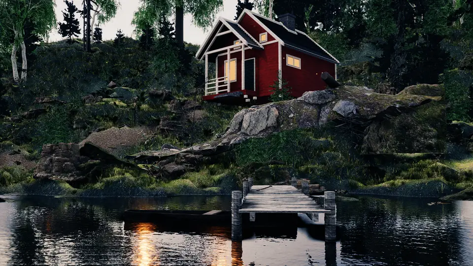 A low view from the water: the red stuga on a granite slope, a wooden jetty and warm light on the lake