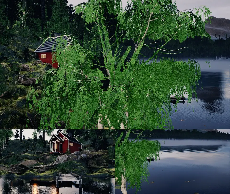 Review sheet: a birch crown fills most of the hero view, the stuga is hidden behind its leaves