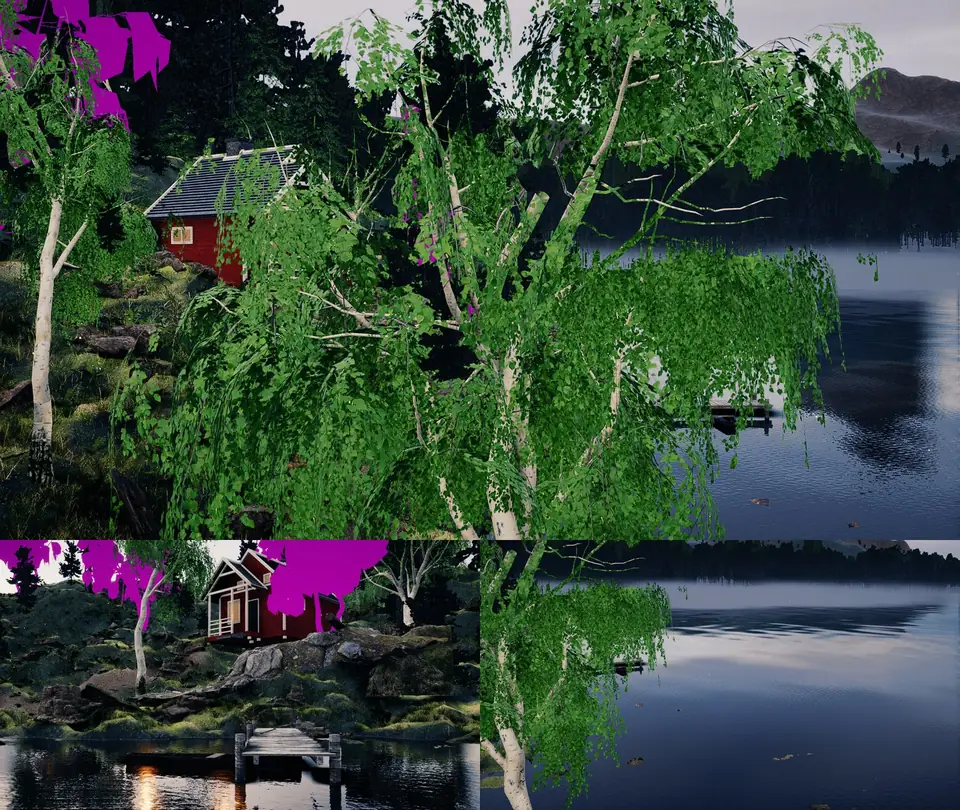 Review sheet: birches with bright magenta crowns around the red stuga, and a tall slab of rock above it
