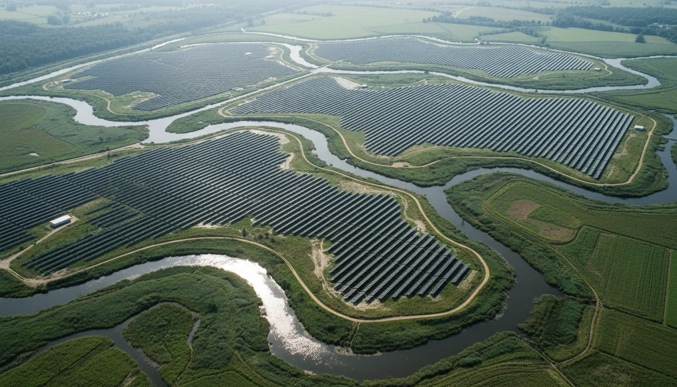Solar fields in a river delta, a self-initiated image study made with Krea